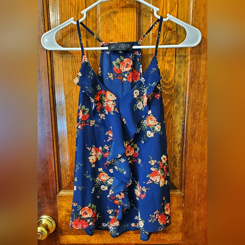Navy Blue Floral Sleeveless Blouse
